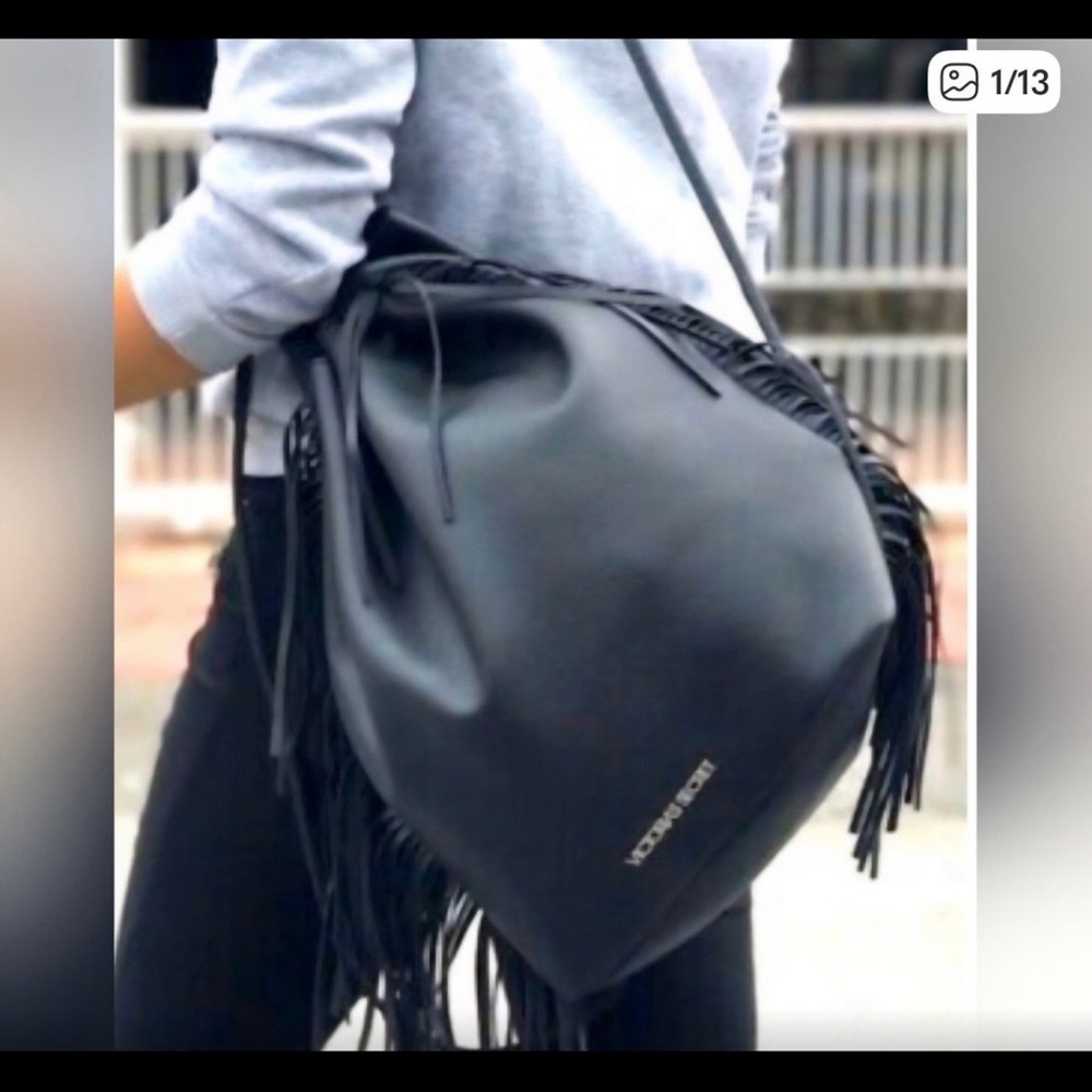 Victoria's Secret Black Fringe Drawstring Bucket Bag.